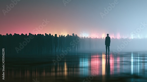 Lone silhouette stands apart from a foggy, illuminated crowd under colorful sky