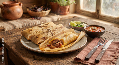 Authentic Mexican tamales wrapped in corn husks served on a rustic wooden table creating a traditional Latin American comfort food concept