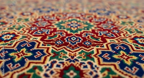 Carpet featuring a traditional oriental pattern with intricate geometric motifs lies flat on the floor, showcasing a rich blend of vibrant red, deep blue, and elegant cream colored thread work.