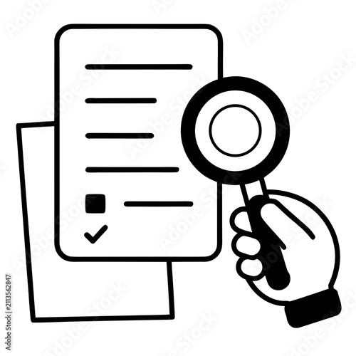 Document review icon represented as hand holding magnifying glass over checklist paper sheet isolated on transparent background design.