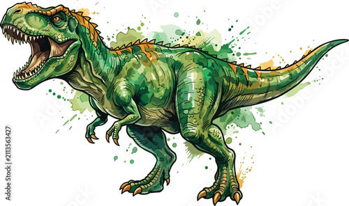 Foto Watercolor Tyrannosaurus Rex Dinosaur Illustration with Roaring Pose and Green P