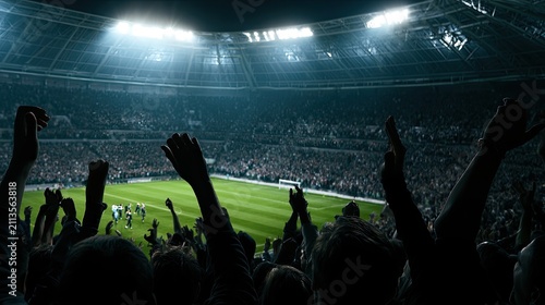 Enthusiastic crowd cheers on a bright green soccer field under stadium lights