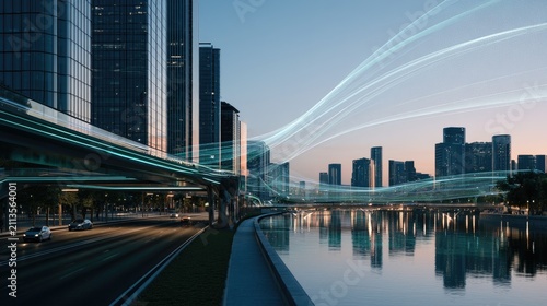 Urban skyline with light streaks over water at dusk