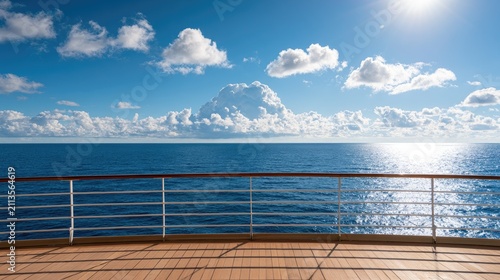 Sunny ocean voyage from ship deck, bright clouds, sparkling water, clear sky
