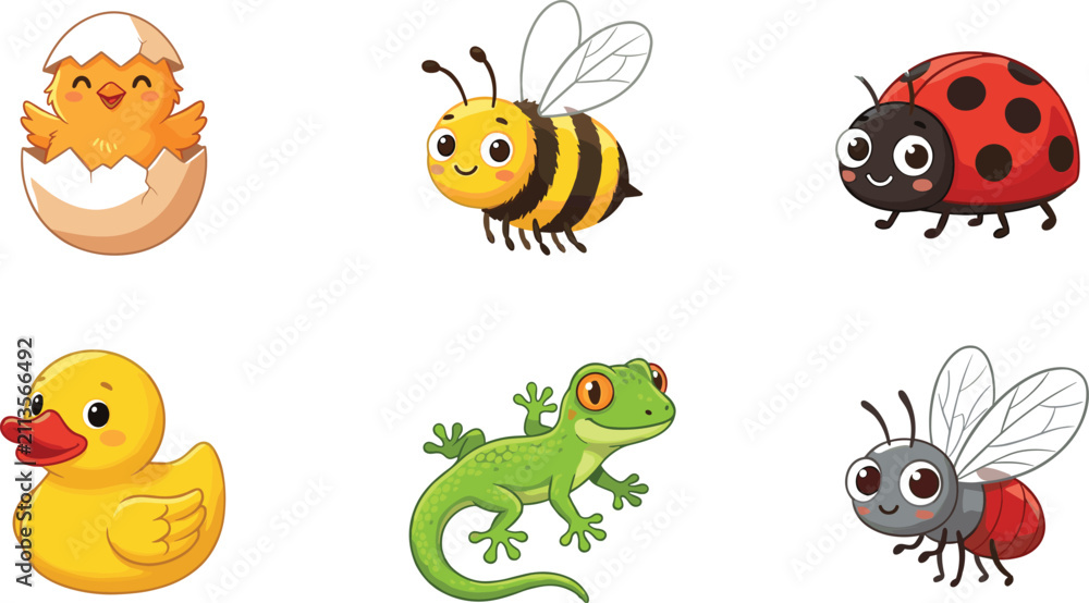 Fototapeta premium Cute Cartoon Baby Animal and Insect Vector Set Featuring Hatching Chick Bumblebee Ladybug Rubber Duck Gecko Lizard and Fly Isolated on White Background
