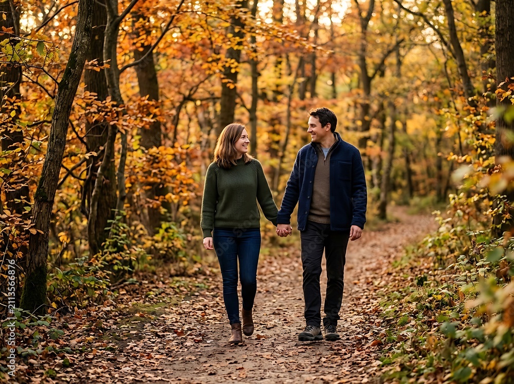 Fototapeta premium Couple walking through autumn forest trail.