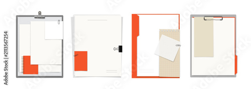 Set of vector illustrations featuring office supplies, document folders, clipboards, and binder clips. Templates for document design, presentations, or use as mockups.