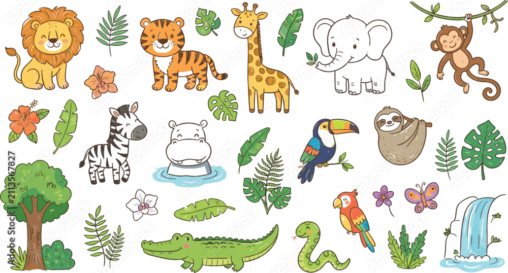 Fototapeta premium Cute Cartoon Jungle Animals Vector Element Set Featuring Friendly Wildlife Characters Tropical Flora Palm Leaves and a Small Waterfall Design