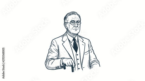 A hand-drawn line art illustration of Franklin D Roosevelt standing with a cane.
