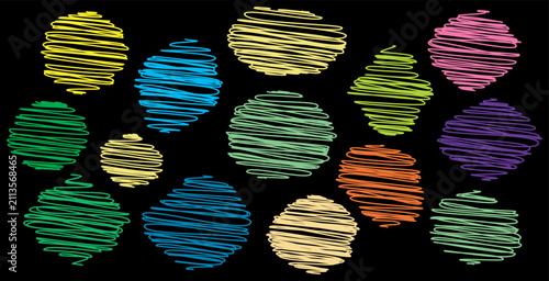 A collection of colorful, abstract, scribbled shapes on a black background, representing creativity and design.