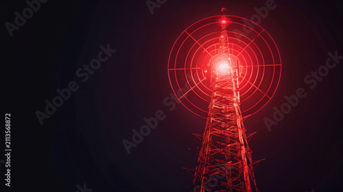 Telecommunication tower transmitting red radio waves and data signals on black background