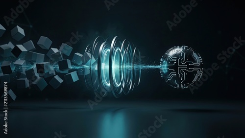 Tech sphere emitting laser beams transforms scattered geometric cubes into a unified complex digital information source.