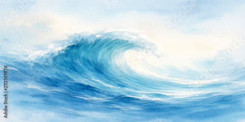 Obraz na płótnie Elegant watercolor illustration of a crashing blue ocean wave with white sea foam, curling surf, flowing marine water and soft pastel coastal sky background