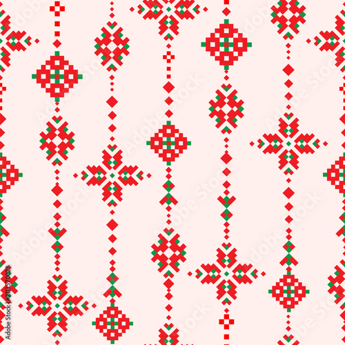 Christmas seamless pattern pixel Nordic folk embroidery  geometric ornaments in red, green and white. Christmas traditional festive textile vector background ethnic motifs for fabric design, vector