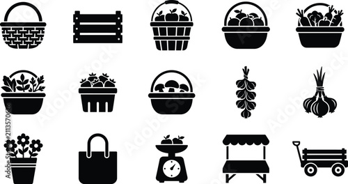 Bild auf Leinwand farm fresh produce and gardening icons in black silhouette on white background