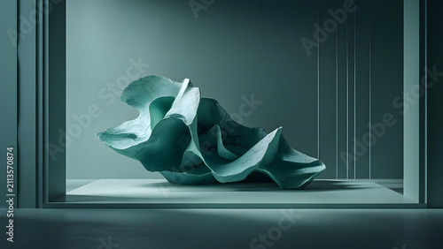 Abstract organic sculpture with textured surface, cool teal tones, minimalist display
