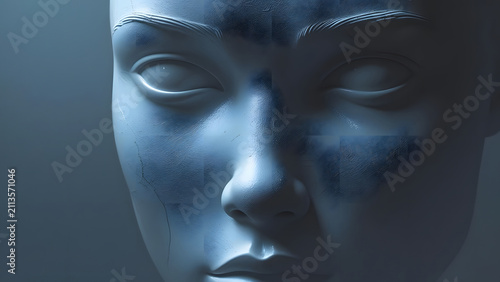 Abstract portrait of a white mannequin face with dark speckles, close-up, conceptual