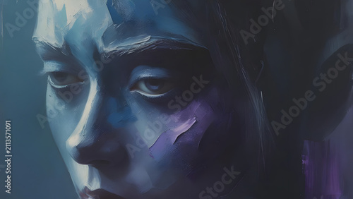 Abstract Portrait of a Woman with Blue and Purple Face Paint, Moody Lighting