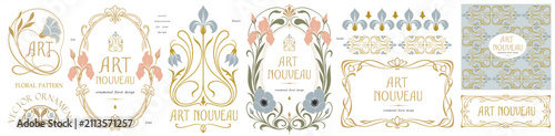 Art Nouveau vector collection on a transparent background with floral frame, iris ornament, decorative border and seamless pattern for invitation, card, textile, branding and vintage design