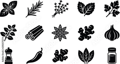 Принти на полотні Black and white illustrations of herbs and spices for culinary design