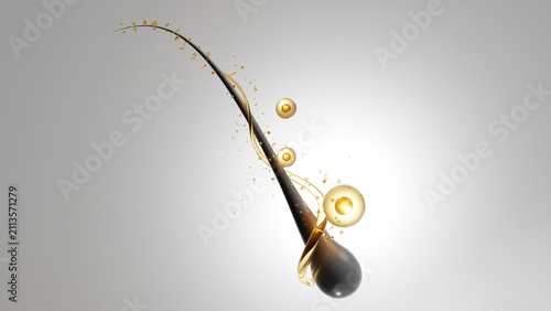 фотографія Human hair root follicle with golden serum oil drop. 3d render