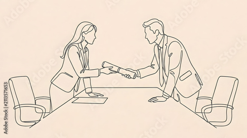 Line art business professionals shaking hands across office meeting table.