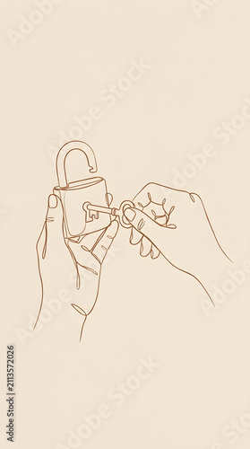 Line art illustration of hands unlocking padlock with small key.