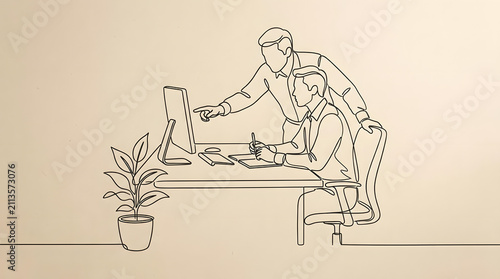 Line art of business professionals working at office desk.