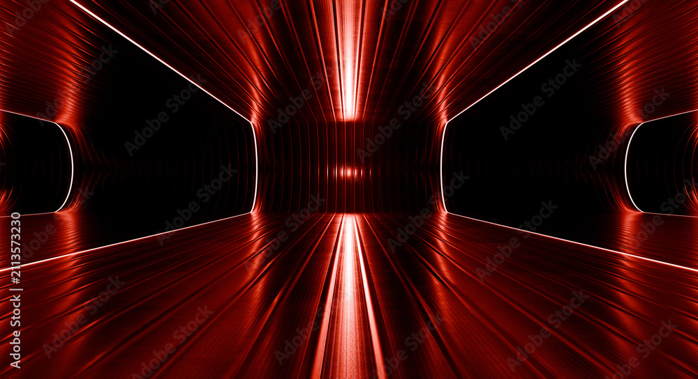 Fototapeta premium Red metallic futuristic tunnel background with glowing perspective lines. 3d render