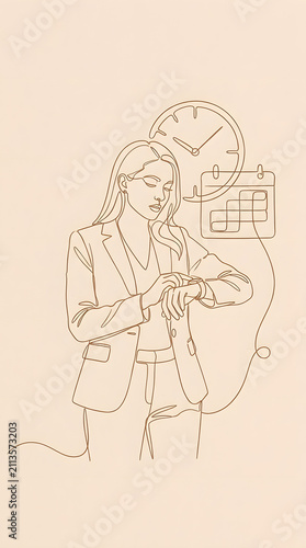 Line art of businesswoman checking watch with calendar and clock icons.