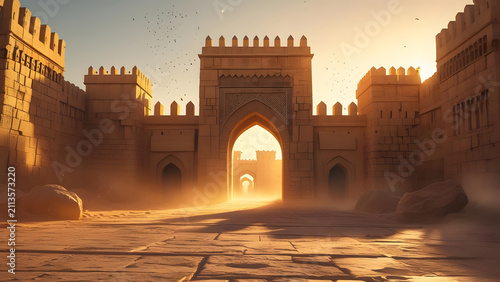 Ancient Desert Fortress Gate at Sunrise, Sandstorm Haze, Historic Architecture