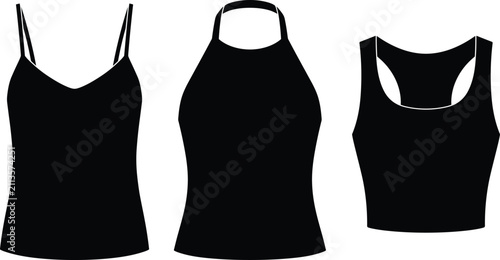 Fotografie Women tank top icon set featuring black silhouettes of a camisole halter top and