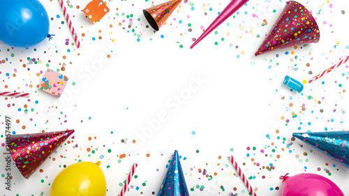 Birthday Party Celebration Frame with Confetti, Balloons, and Party Hats