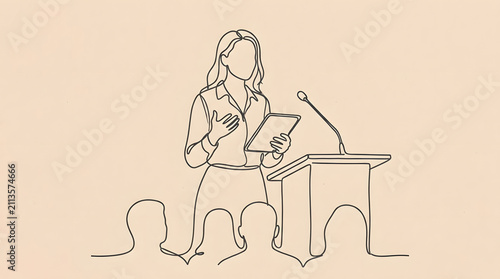 Woman presenting at podium with audience line art drawing.