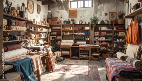 Rustic weaving studio with shelves of textiles.