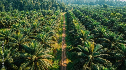 Aerial view of symmetrical palm oil plantation with dirt path
