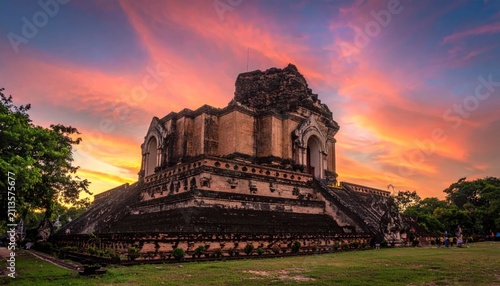Majestic ruin of ancient Buddhist temple at golden hour.