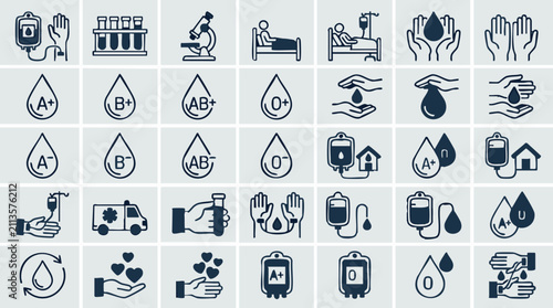 Fotografía Blood donation, transfusion, and medical care line icons set