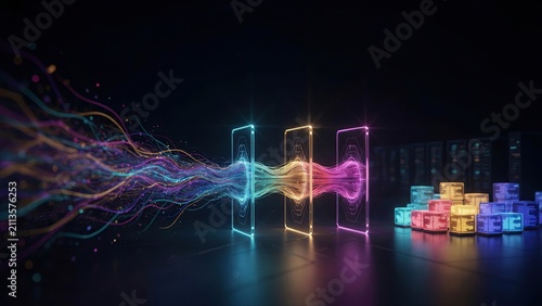 Colorful energy waves pass through three glass portals before reaching a pile of glowing cubes in a dark studio setting.