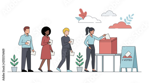 Diverse People Voting. Flat vector illustration of citizens queuing at a polling station with ballot box, ideal for election news, democracy campaigns, and civic education materials.