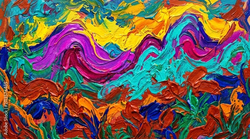Vibrant abstract landscape painting with thick impasto brushstrokes and bold colors