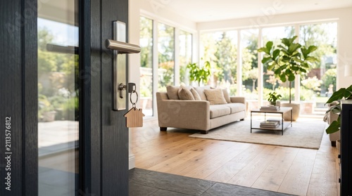 Real Estate Concept with House Key and Stylish Home Interior