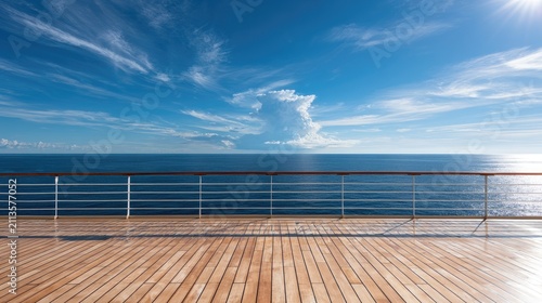 Sunny ocean view from ship deck with wooden floor and railing