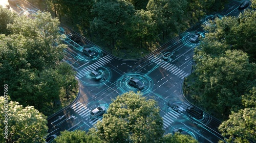 Autonomous vehicles navigate a connected, smart intersection amidst lush greenery