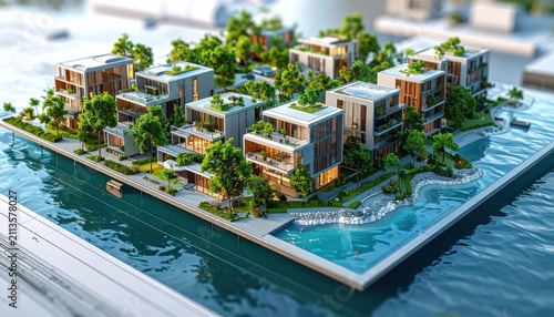 Modern eco-resort apartments on water with swimming pool.