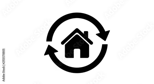Vector illustration of real estate icon with circular arrows, home renovation or property cycle symbol on a transparent background