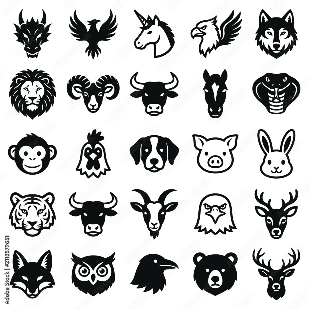 Obraz premium Black and white animal head silhouettes collection on a white background vector illustration