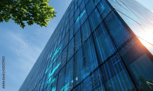 Modern glass skyscraper facade with digital blue overlays under a sunny sky