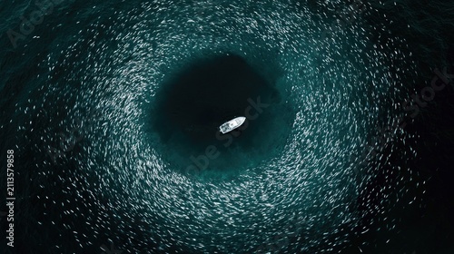 A small boat is surrounded by a swirling vortex of dark, turbulent water