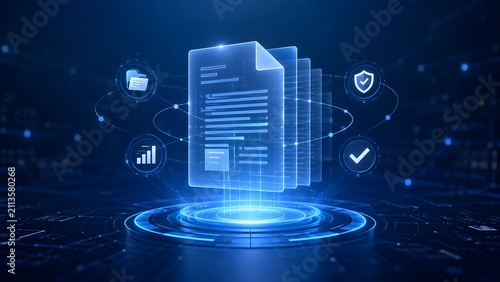 Glowing blue holographic documents on digital podium with connected business icons representing secure file management system and automated data analytics